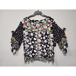 John Mark Black Floral Mixed-Print Blouse with Multicolor Embroidery